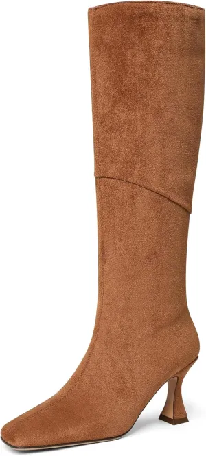 CYNLLIO Knee High Boots Women Square Toe Kitten High Heel Tall Boots Fashion Side Zipper Stiletto Heel Long Boots