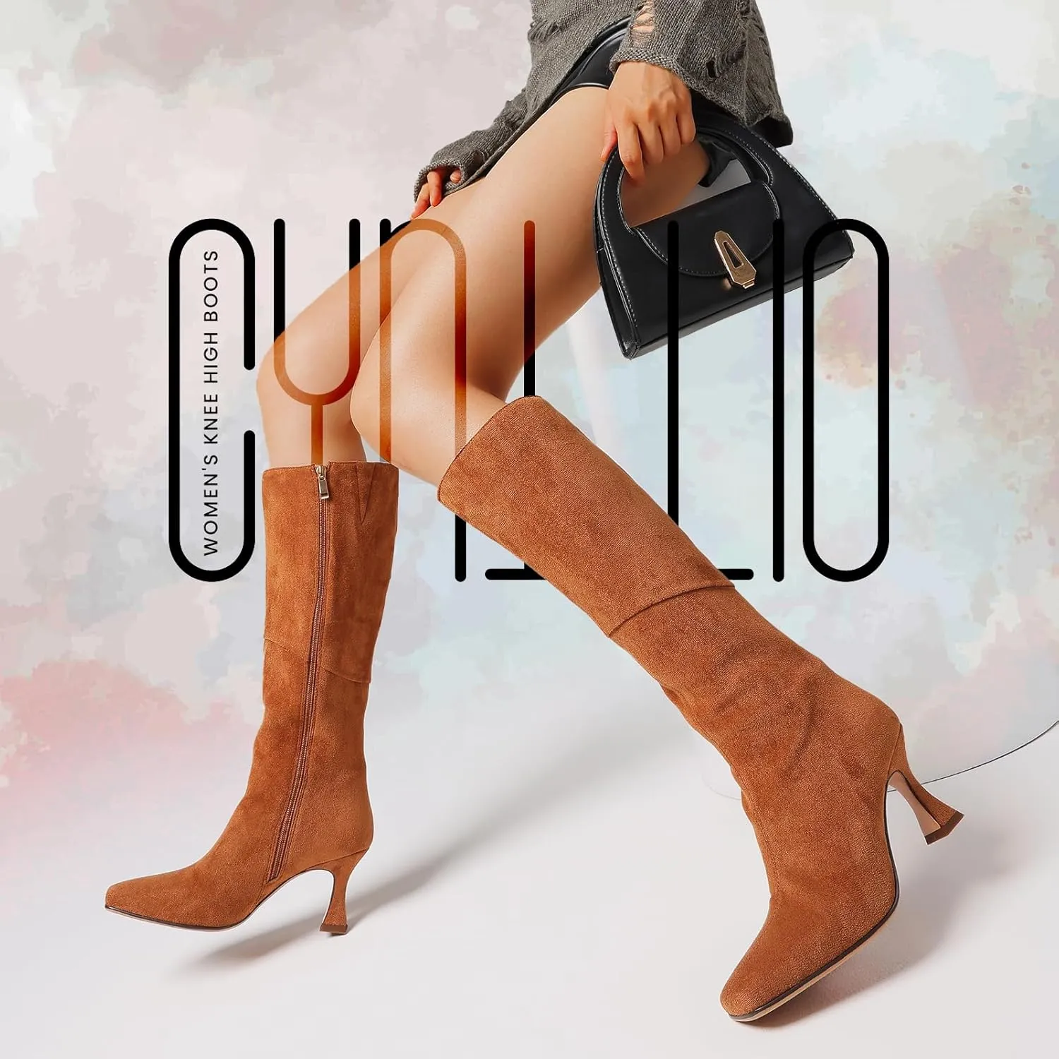 CYNLLIO Knee High Boots Women Square Toe Kitten High Heel Tall Boots Fashion Side Zipper Stiletto Heel Long Boots