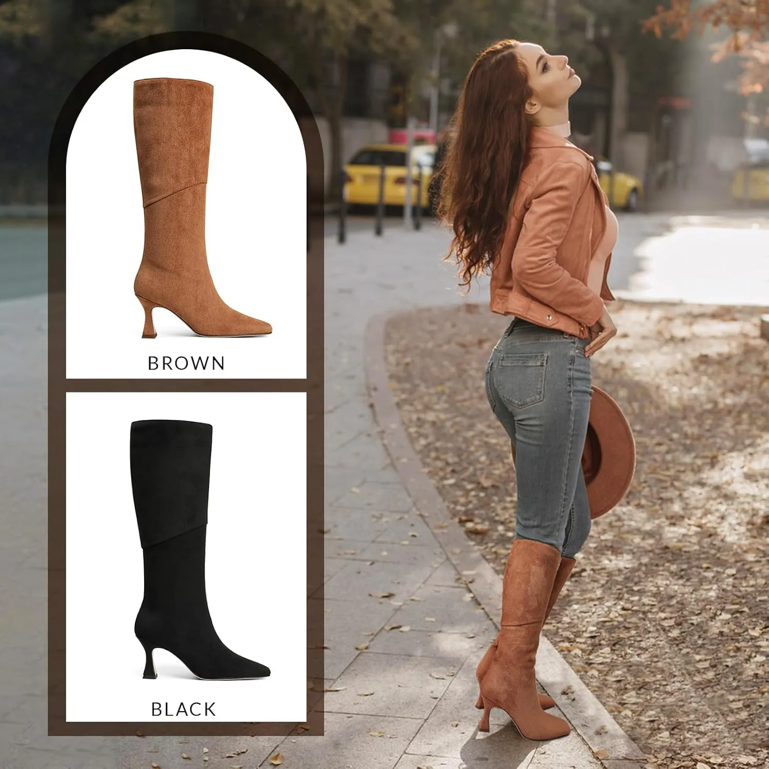 CYNLLIO Knee High Boots Women Square Toe Kitten High Heel Tall Boots Fashion Side Zipper Stiletto Heel Long Boots