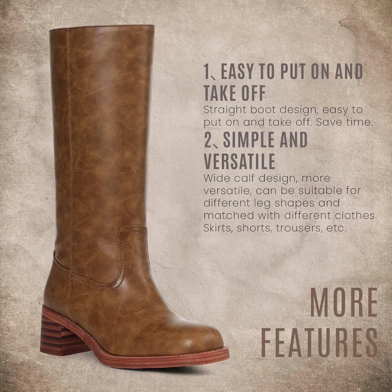 CYNLLIO Knee High Wide Calf Boots for Women: Square Toe Chunky Block Heel Boots, Casual, Long, Country, Walking, Office Shoes
