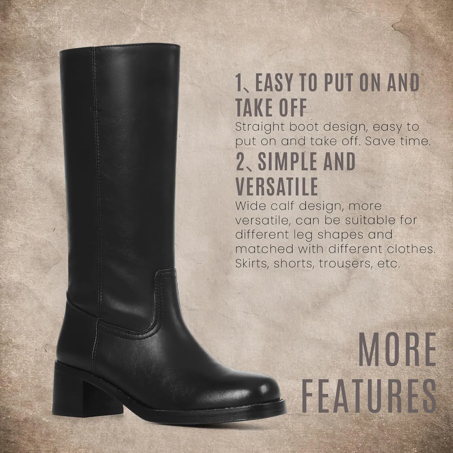 CYNLLIO Knee High Wide Calf Boots for Women: Square Toe Chunky Block Heel Boots, Casual, Long, Country, Walking, Office Shoes