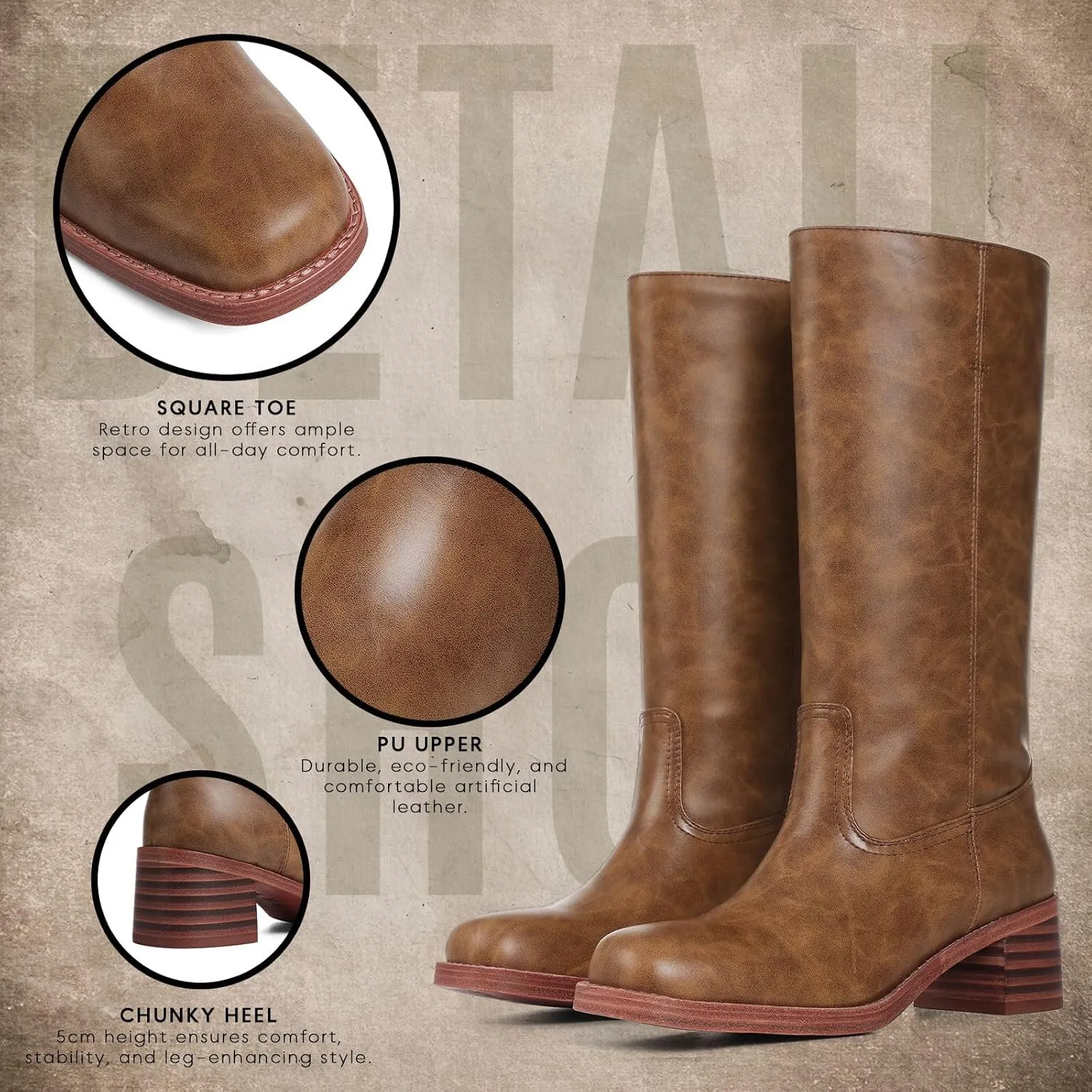 CYNLLIO Knee High Wide Calf Boots for Women: Square Toe Chunky Block Heel Boots, Casual, Long, Country, Walking, Office Shoes