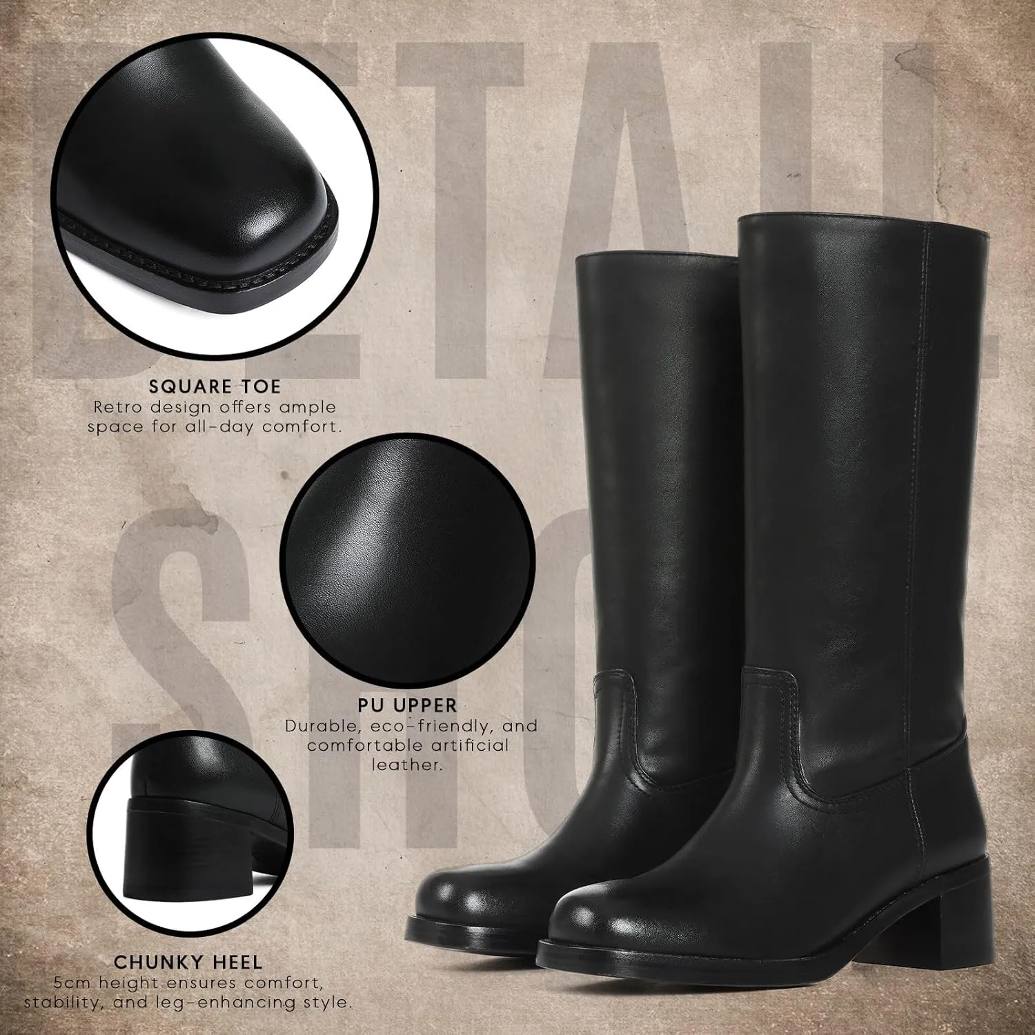 CYNLLIO Knee High Wide Calf Boots for Women: Square Toe Chunky Block Heel Boots, Casual, Long, Country, Walking, Office Shoes