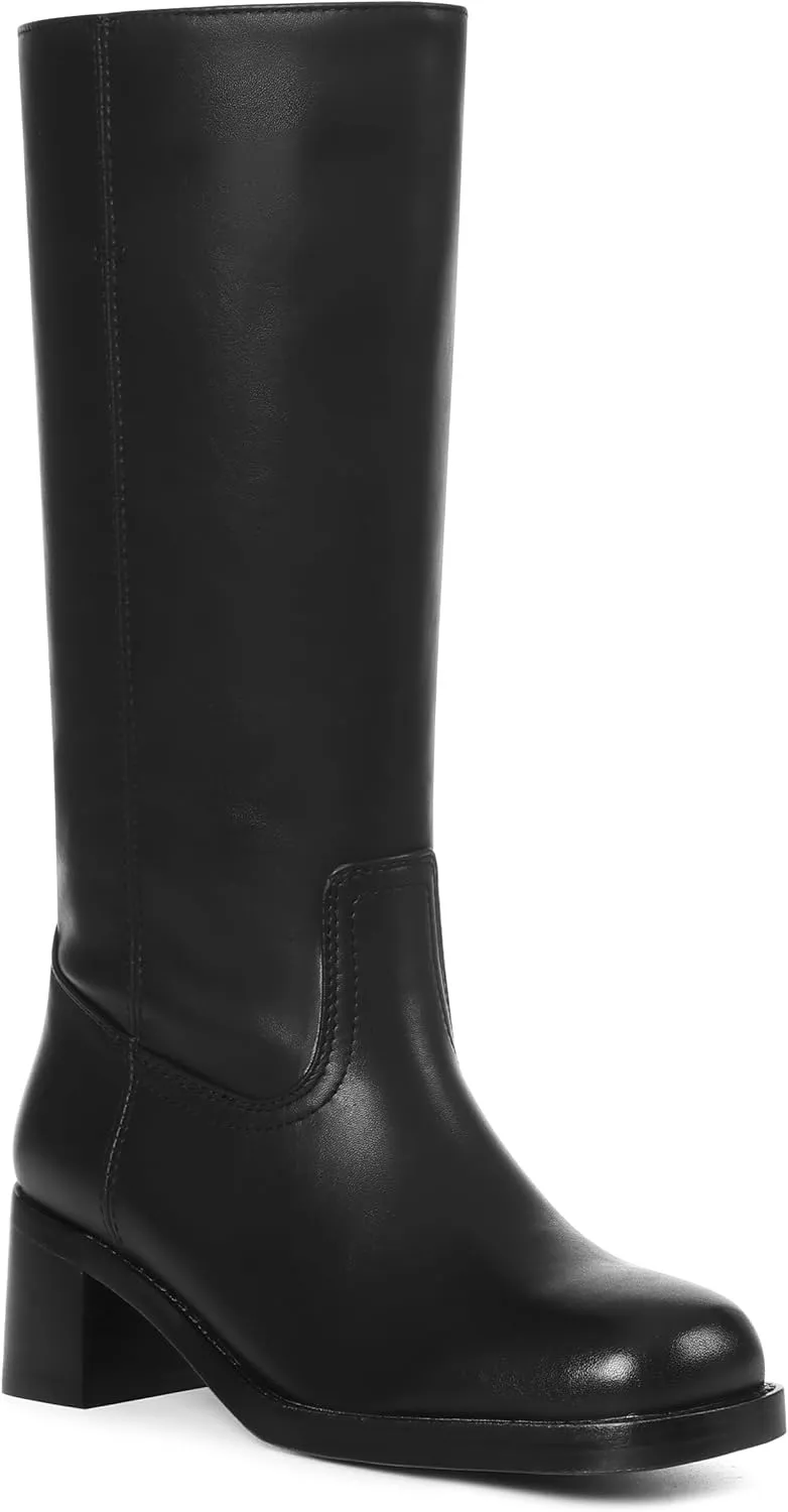 CYNLLIO Knee High Wide Calf Boots for Women: Square Toe Chunky Block Heel Boots, Casual, Long, Country, Walking, Office Shoes