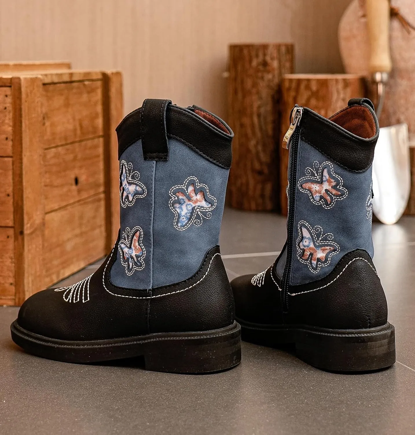 DADAWEN Toddler Girls Cowgirl Boots Mid Calf Square Toe Kids Cowboy Boot Glitter Butterfly Embroidered Side Zipper Western Boots Riding Shoes