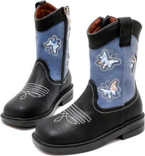 DADAWEN Toddler Girls Cowgirl Boots Mid Calf Square Toe Kids Cowboy Boot Glitter Butterfly Embroidered Side Zipper Western Boots Riding Shoes