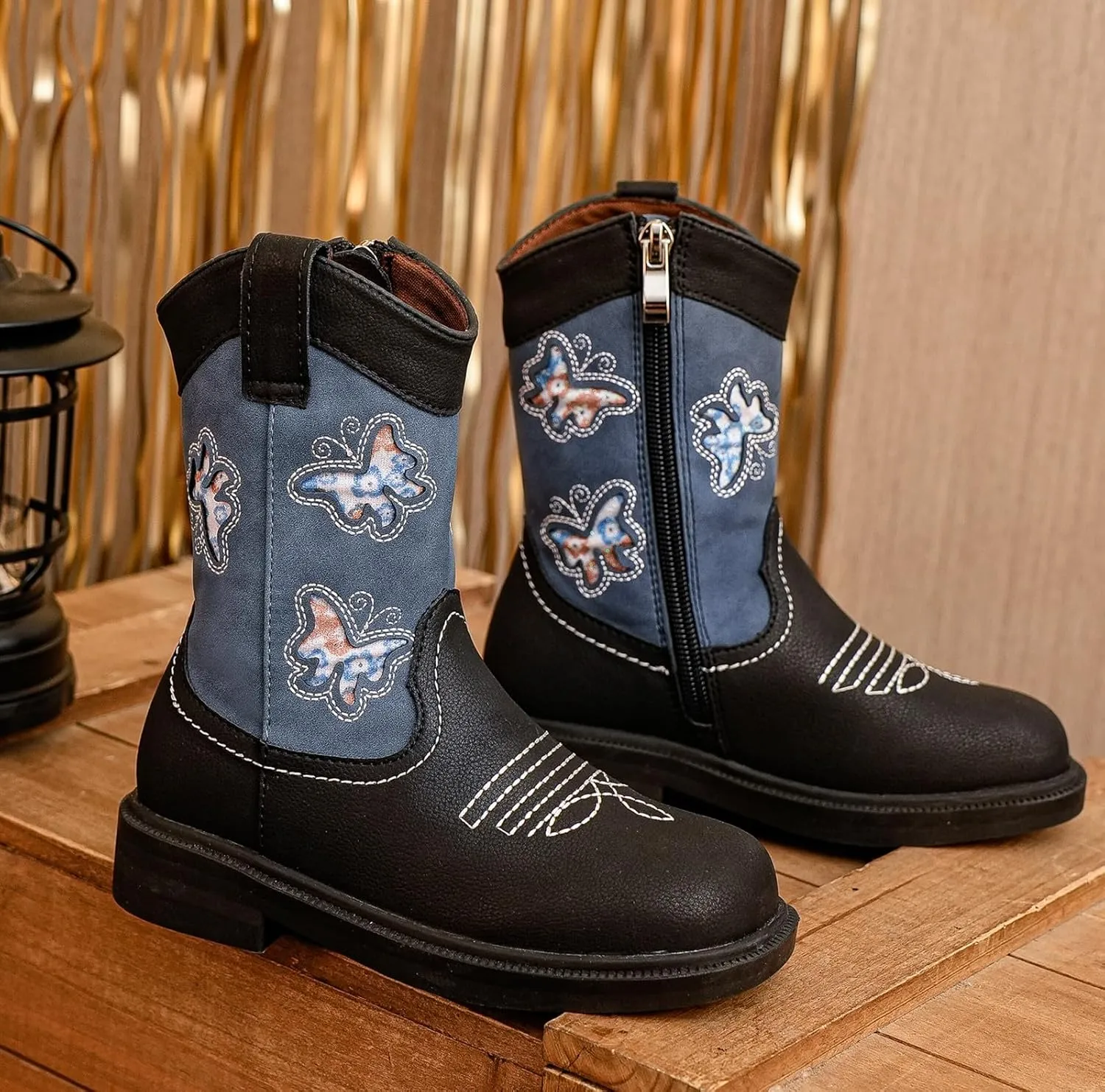 DADAWEN Toddler Girls Cowgirl Boots Mid Calf Square Toe Kids Cowboy Boot Glitter Butterfly Embroidered Side Zipper Western Boots Riding Shoes