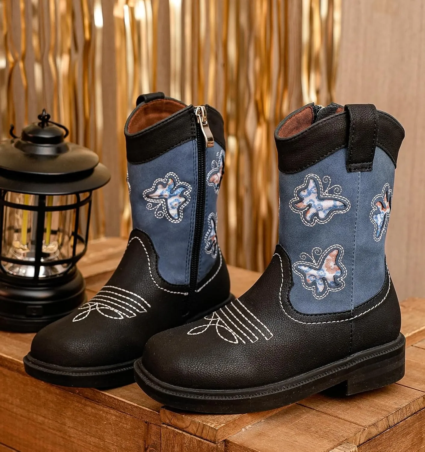 DADAWEN Toddler Girls Cowgirl Boots Mid Calf Square Toe Kids Cowboy Boot Glitter Butterfly Embroidered Side Zipper Western Boots Riding Shoes
