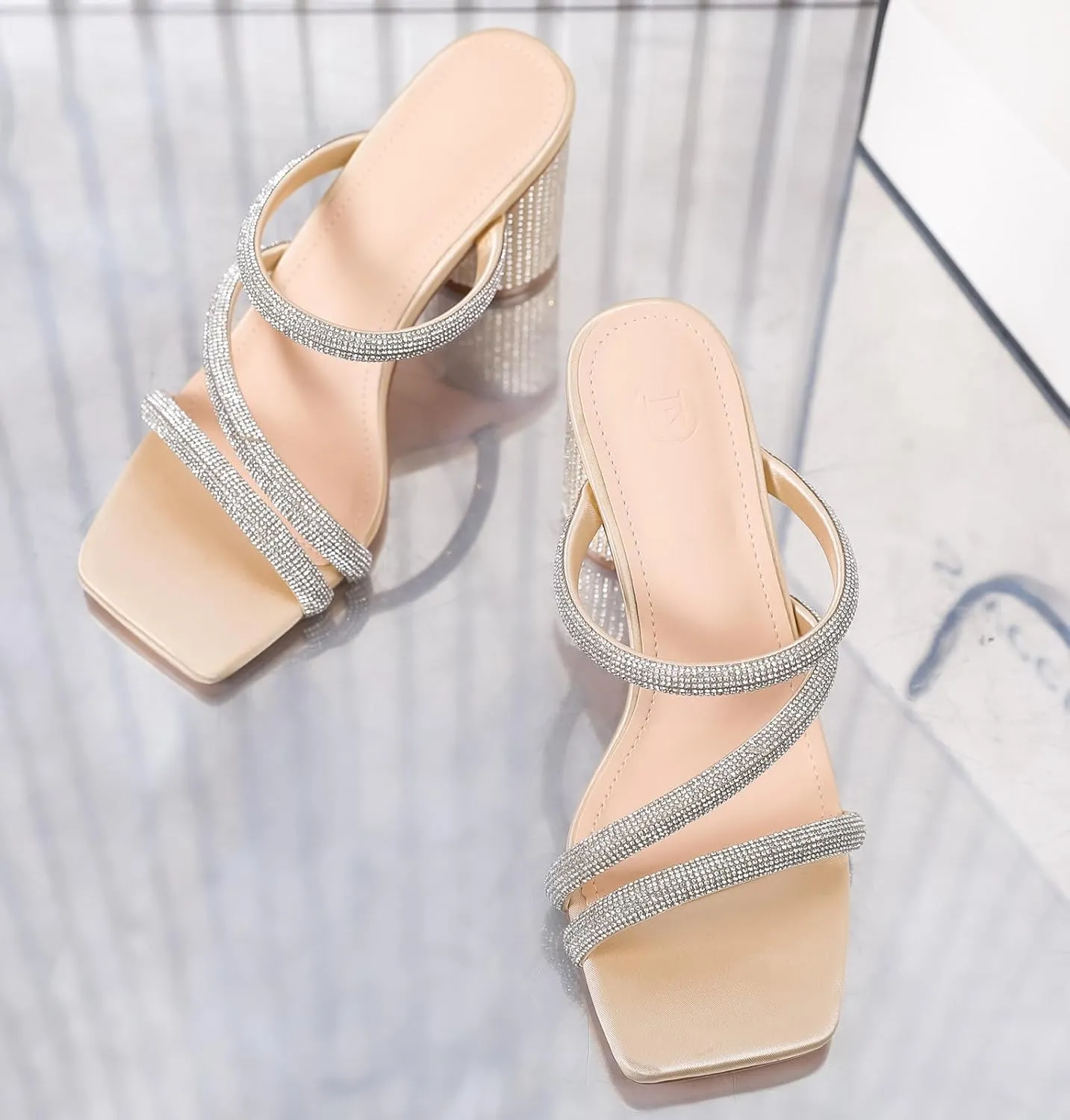 DADAWEN Women's Rhinestone Heeled Sandals Square Toe Strappy Chunky Block Heels for Women Comfortable Wedding Party Dress Pumps Shoes