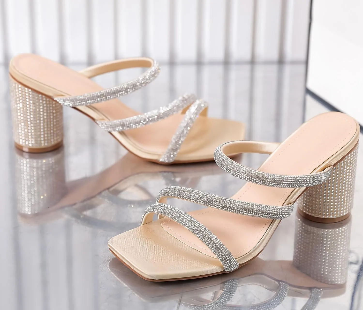 DADAWEN Women's Rhinestone Heeled Sandals Square Toe Strappy Chunky Block Heels for Women Comfortable Wedding Party Dress Pumps Shoes