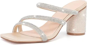 DADAWEN Women's Rhinestone Heeled Sandals Square Toe Strappy Chunky Block Heels for Women Comfortable Wedding Party Dress Pumps Shoes