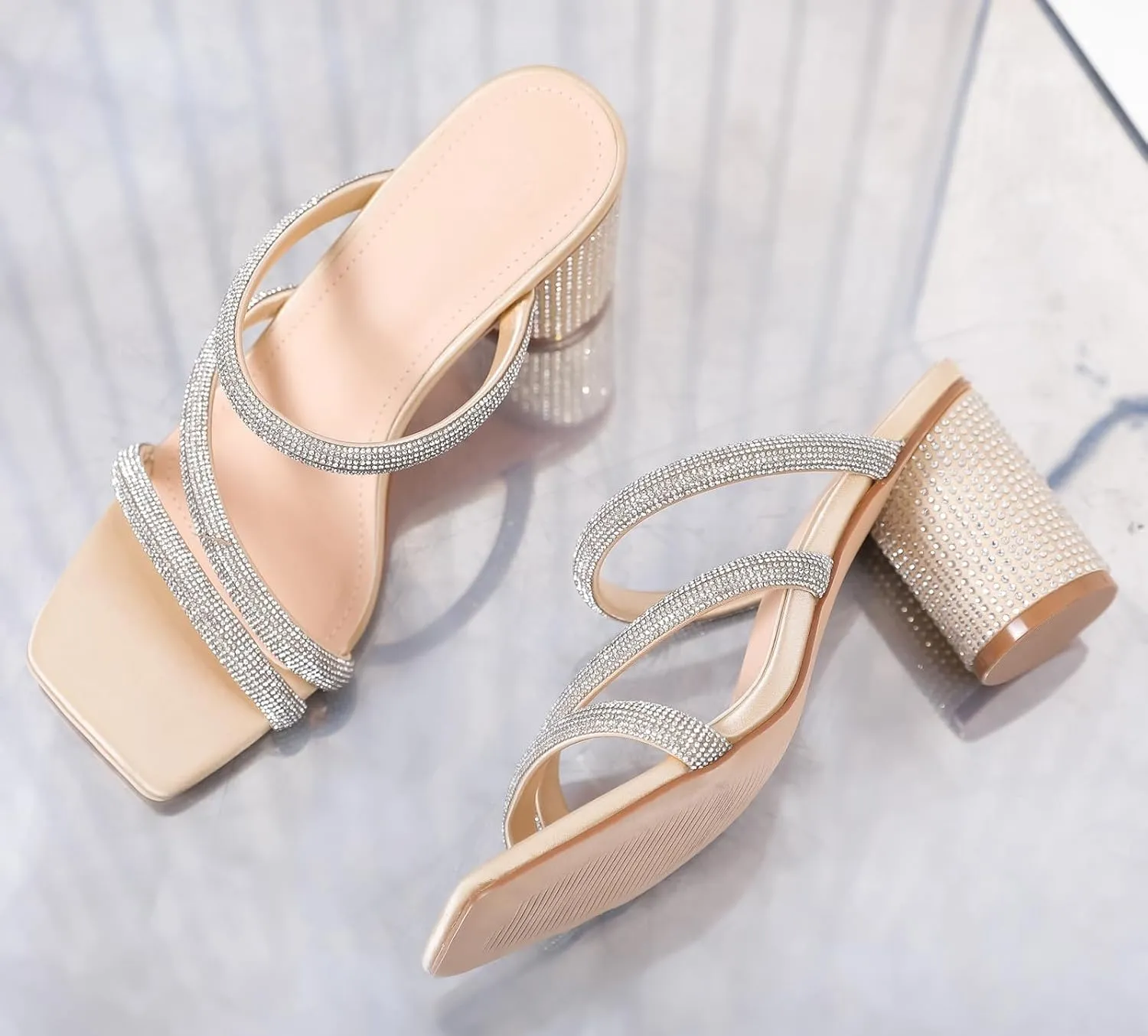 DADAWEN Women's Rhinestone Heeled Sandals Square Toe Strappy Chunky Block Heels for Women Comfortable Wedding Party Dress Pumps Shoes