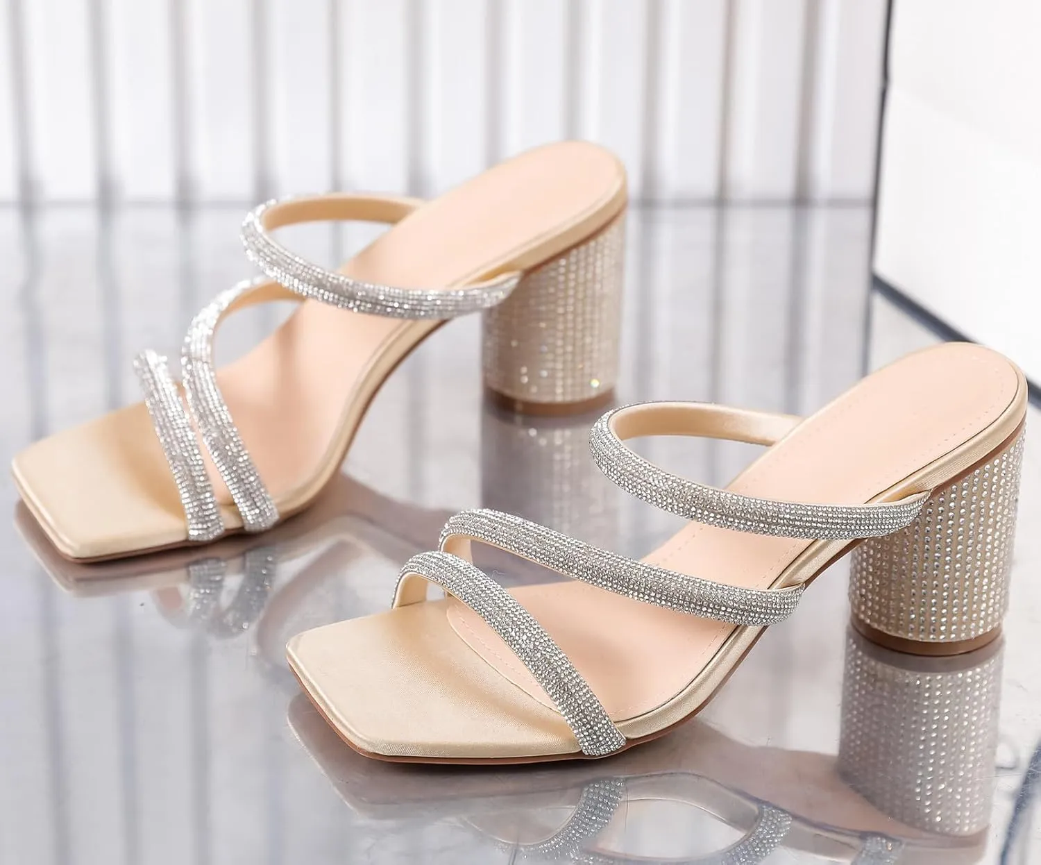 DADAWEN Women's Rhinestone Heeled Sandals Square Toe Strappy Chunky Block Heels for Women Comfortable Wedding Party Dress Pumps Shoes