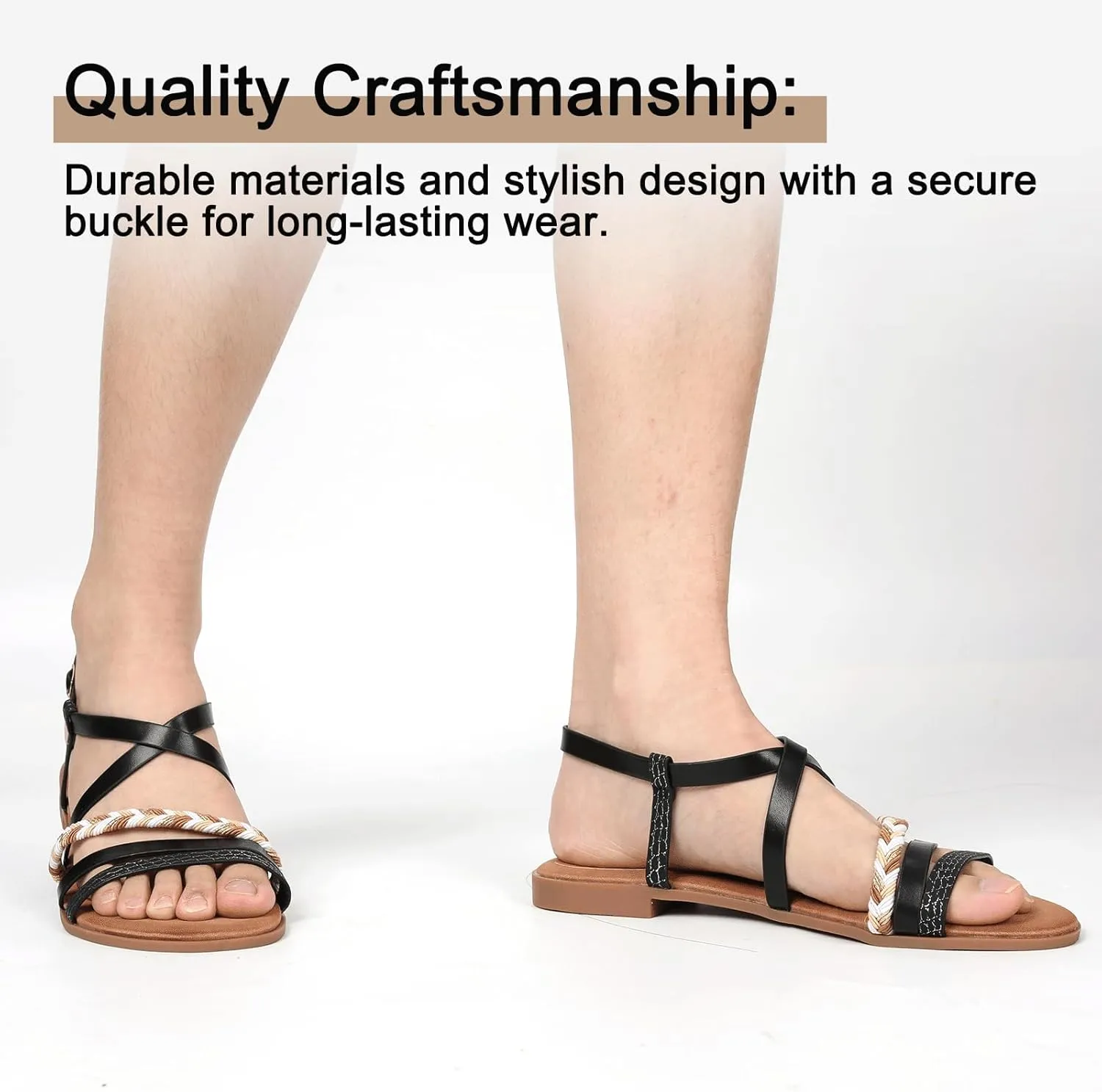 DAYDAYGO Women's Elegant Flat Sandals with Adjustable Ankle Strap and Memory Foam - Dressy and Comfortable for Summer - Fashionable and Trendy for Girls and Women - Strappy Sandal