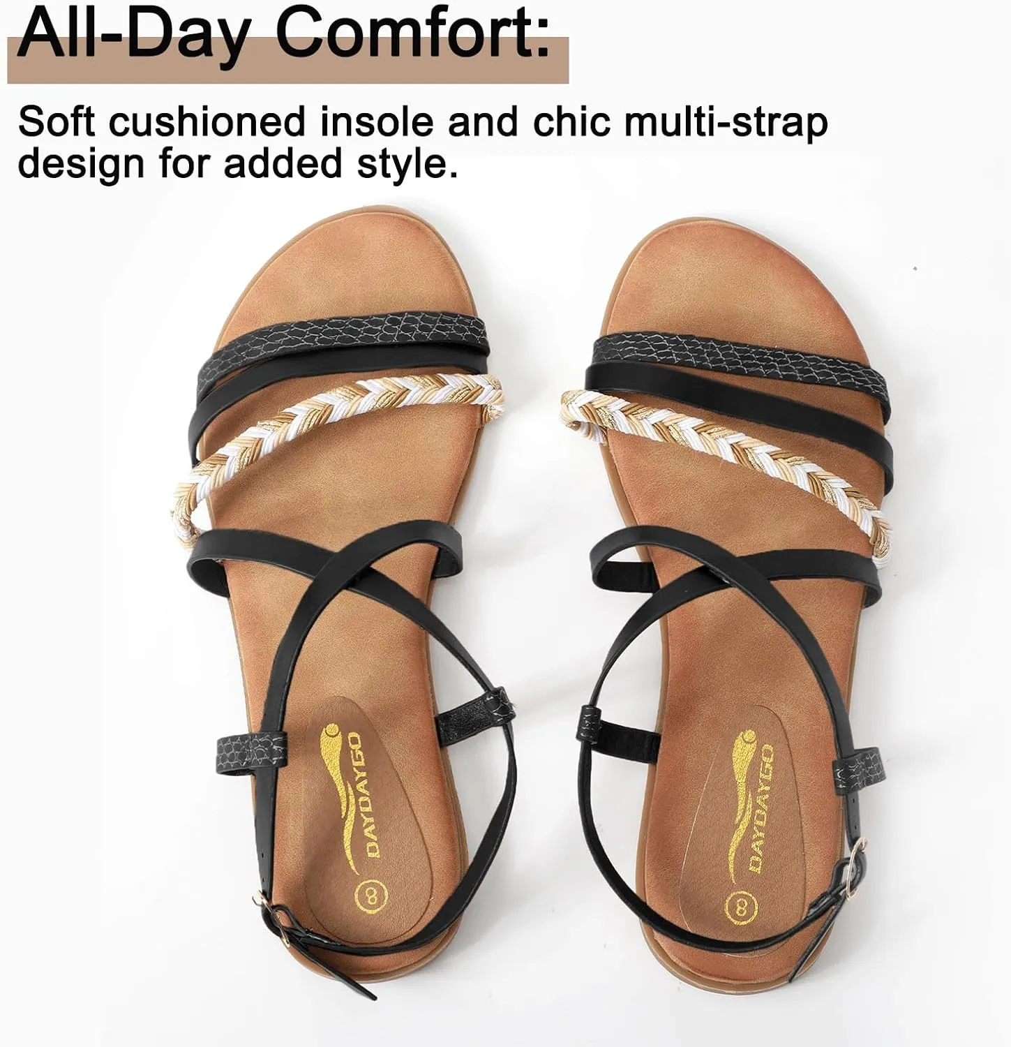 DAYDAYGO Women's Elegant Flat Sandals with Adjustable Ankle Strap and Memory Foam - Dressy and Comfortable for Summer - Fashionable and Trendy for Girls and Women - Strappy Sandal