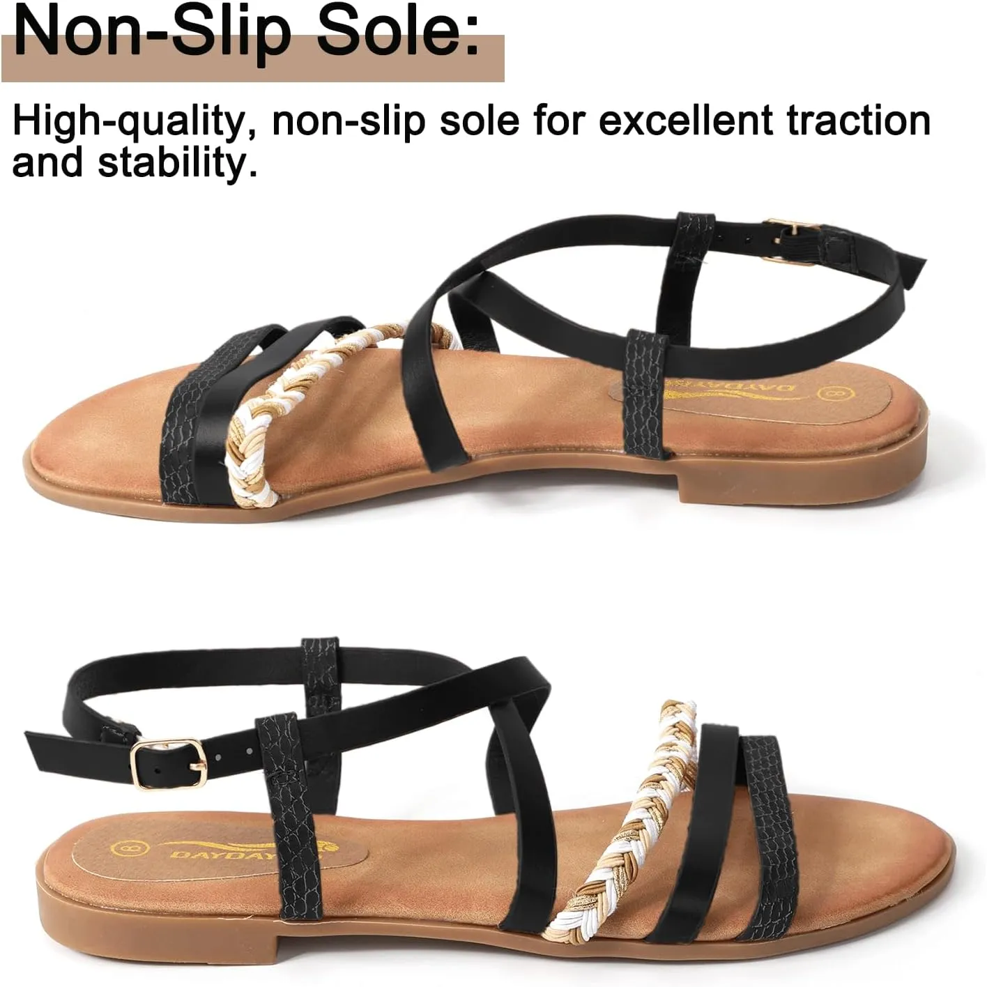 DAYDAYGO Women's Elegant Flat Sandals with Adjustable Ankle Strap and Memory Foam - Dressy and Comfortable for Summer - Fashionable and Trendy for Girls and Women - Strappy Sandal