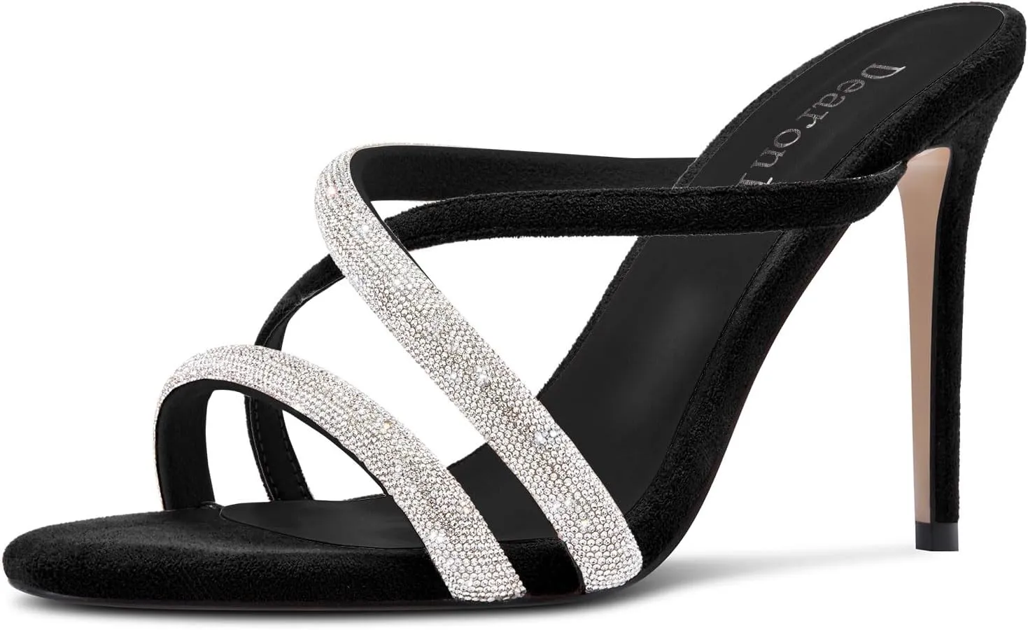 DearOnly Womens Stiletto High Heel Peep Open Toe Mules Shoes Cross-Strap Slip-on Rhinestone Crystal Prom Dress Shoes