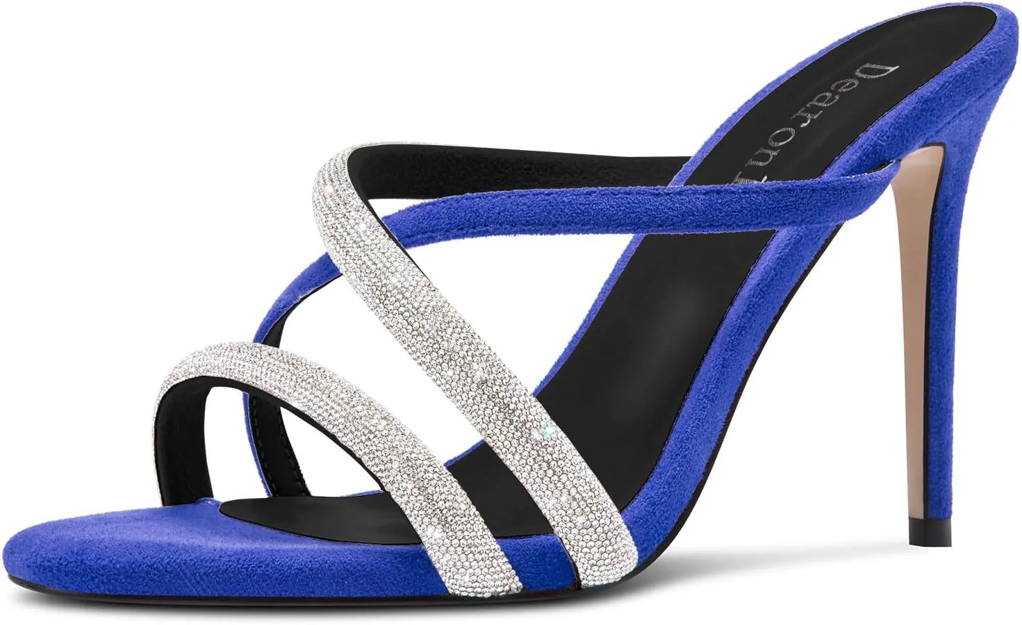 DearOnly Womens Stiletto High Heel Peep Open Toe Mules Shoes Cross-Strap Slip-on Rhinestone Crystal Prom Dress Shoes