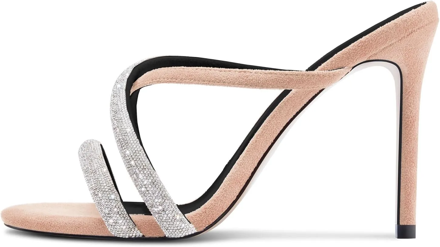DearOnly Womens Stiletto High Heel Peep Open Toe Mules Shoes Cross-Strap Slip-on Rhinestone Crystal Prom Dress Shoes