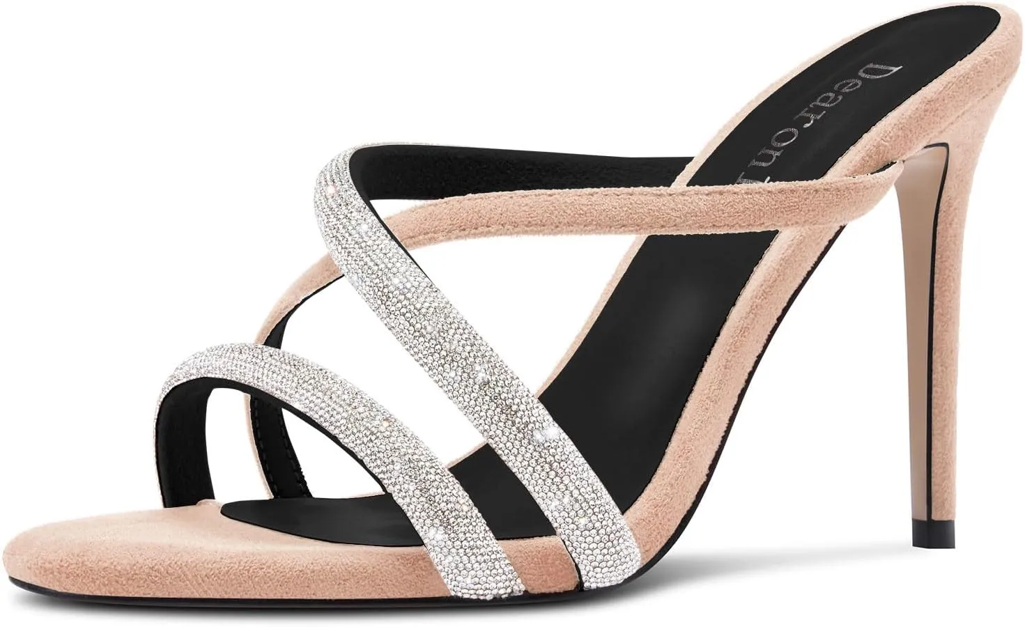 DearOnly Womens Stiletto High Heel Peep Open Toe Mules Shoes Cross-Strap Slip-on Rhinestone Crystal Prom Dress Shoes