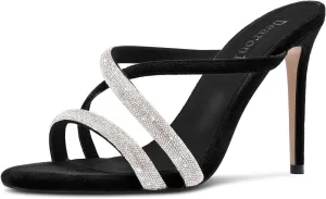 DearOnly Womens Stiletto High Heel Peep Open Toe Mules Shoes Cross-Strap Slip-on Rhinestone Crystal Prom Dress Shoes