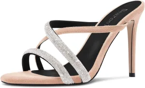 DearOnly Womens Stiletto High Heel Peep Open Toe Mules Shoes Cross-Strap Slip-on Rhinestone Crystal Prom Dress Shoes