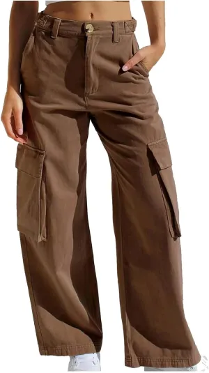 Denim Cargo Pants for Women Baggy Multi Pockets Button Mid Waist Zipper Jeans 2024 Fashion Straight Leg Cargo Jeans