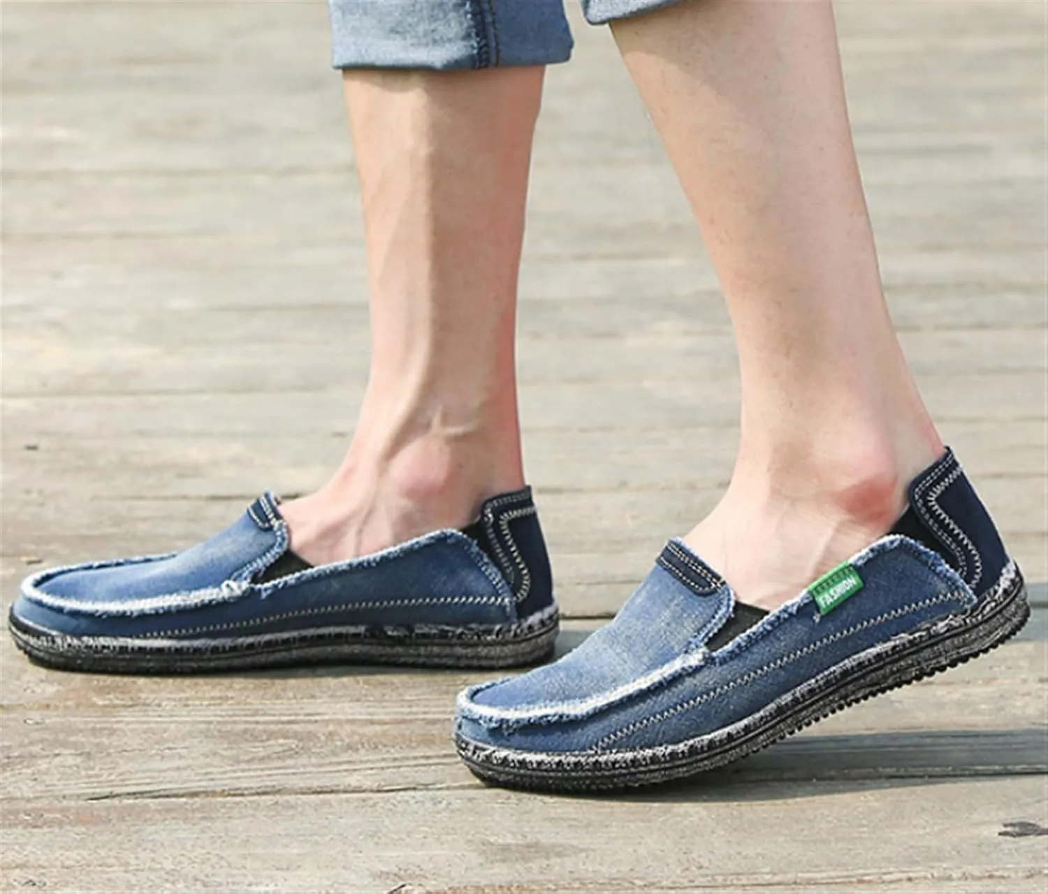 Denim Cloth Washed Loafers for Men's Vintage Slip On Round top Lightweight Casual Shoes Low Top WearResistant Elastic Band Walking Flat Slippers