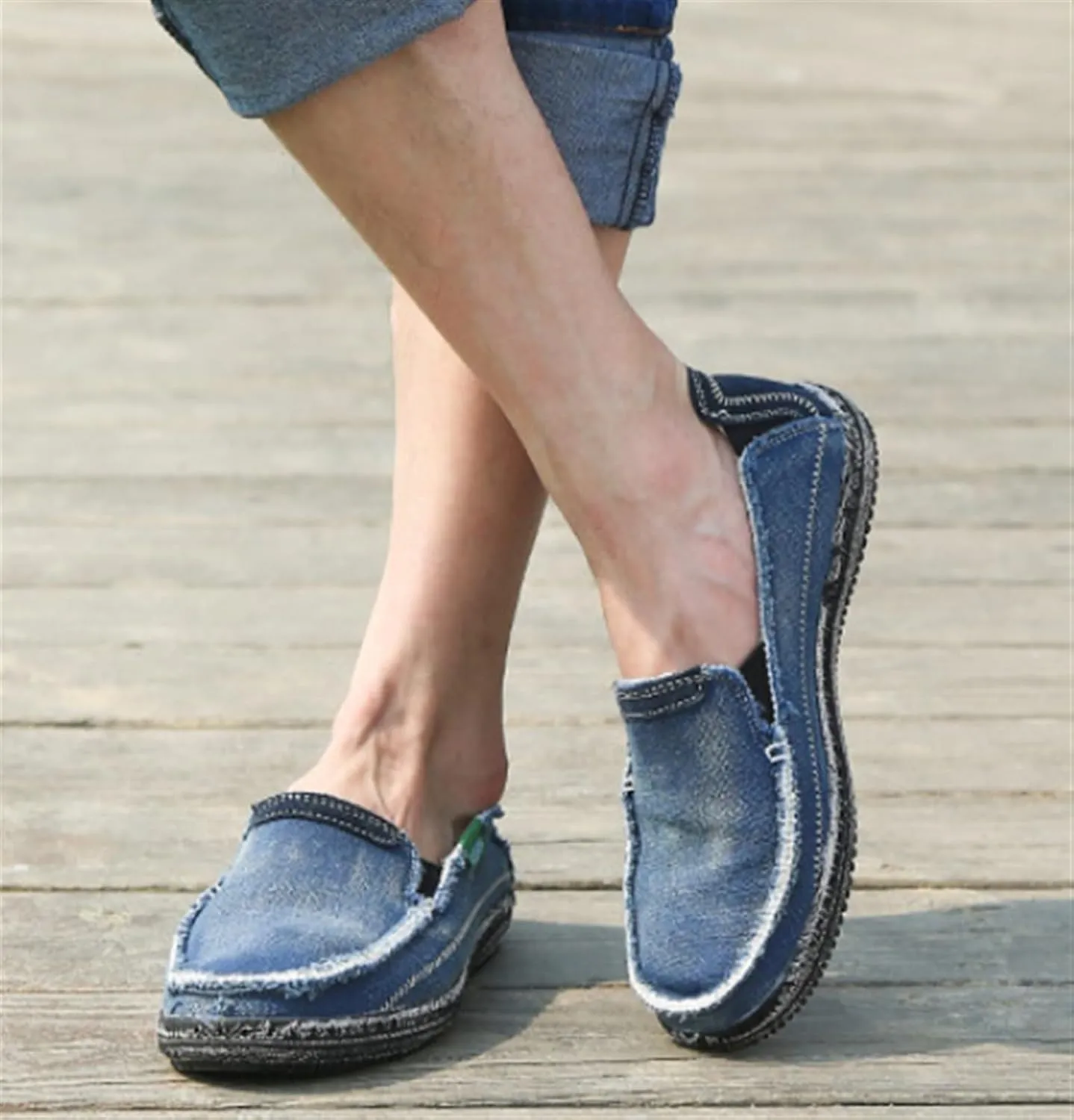 Denim Cloth Washed Loafers for Men's Vintage Slip On Round top Lightweight Casual Shoes Low Top WearResistant Elastic Band Walking Flat Slippers