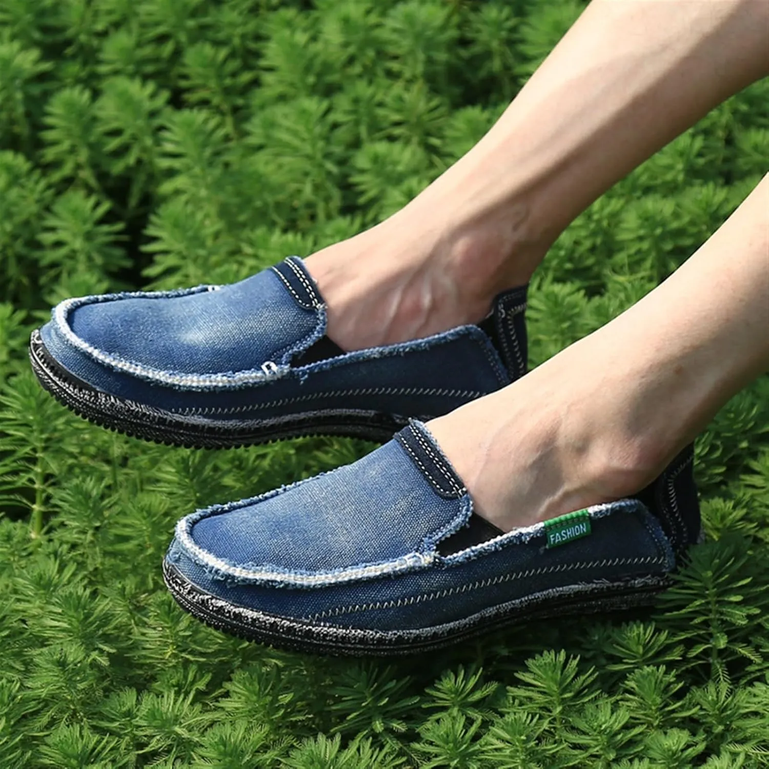 Denim Cloth Washed Loafers for Men's Vintage Slip On Round top Lightweight Casual Shoes Low Top WearResistant Elastic Band Walking Flat Slippers