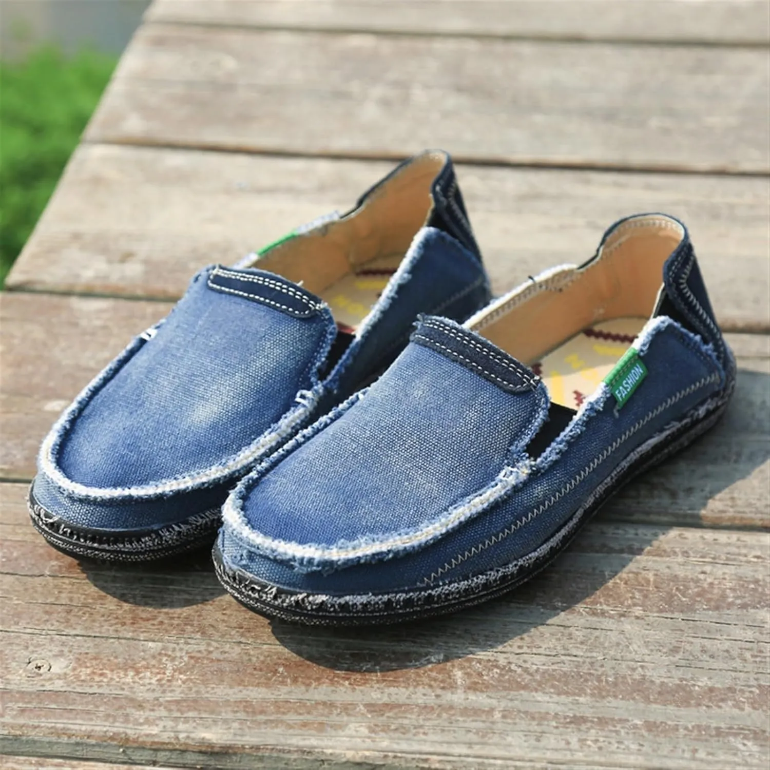 Denim Cloth Washed Loafers for Men's Vintage Slip On Round top Lightweight Casual Shoes Low Top WearResistant Elastic Band Walking Flat Slippers