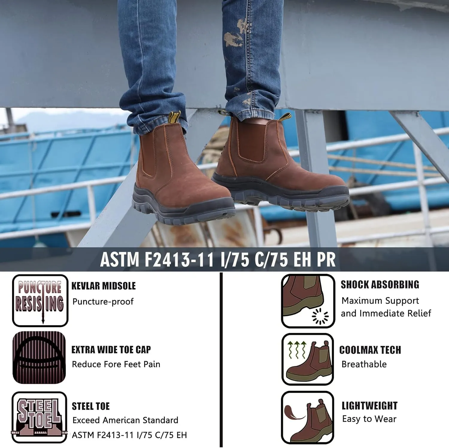 DIIG Work Boots for Men, Soft/Steel Toe Waterproof Working Boots, Slip Resistant Anti-Static Slip-on Safety EH Working Shoes 6 8 9 10 11 12 13 (Brown)