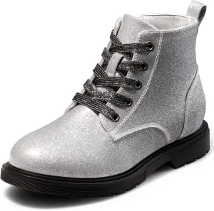 Dodow Girls Ankle Boots Glitter Combat Booties Zipper Lace Up Winter Dress Boots for Little Kid Big Kid
