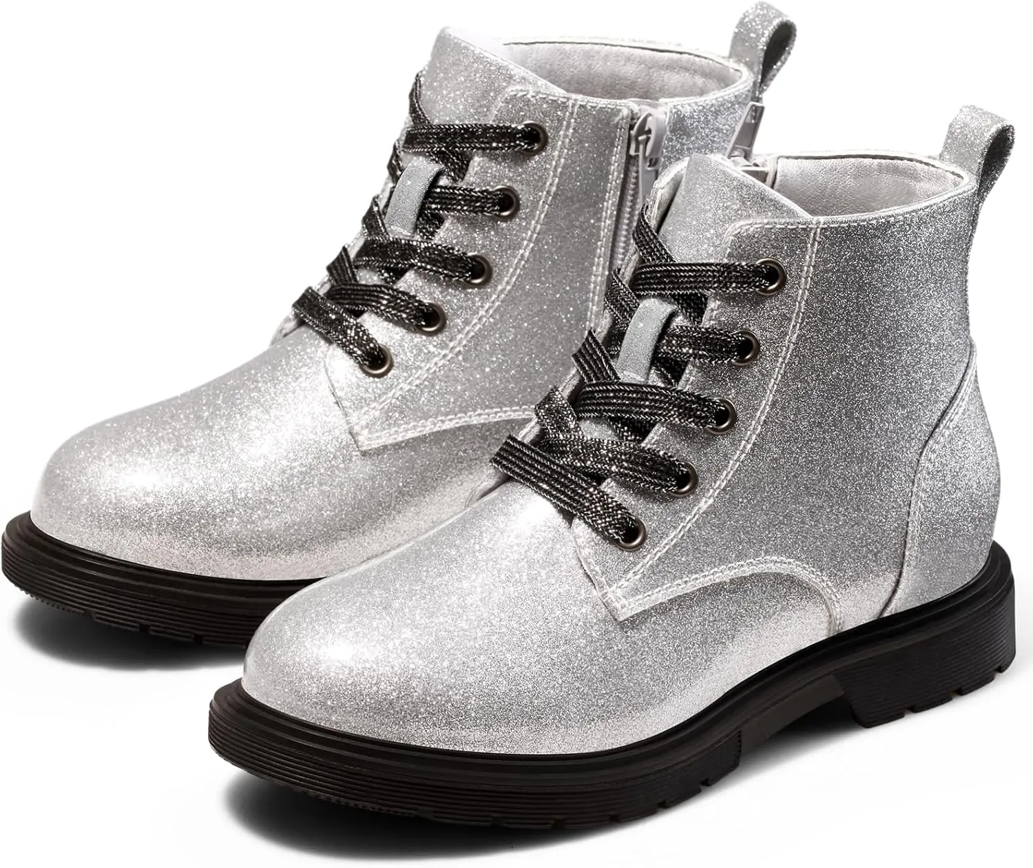 Dodow Girls Ankle Boots Glitter Combat Booties Zipper Lace Up Winter Dress Boots for Little Kid Big Kid