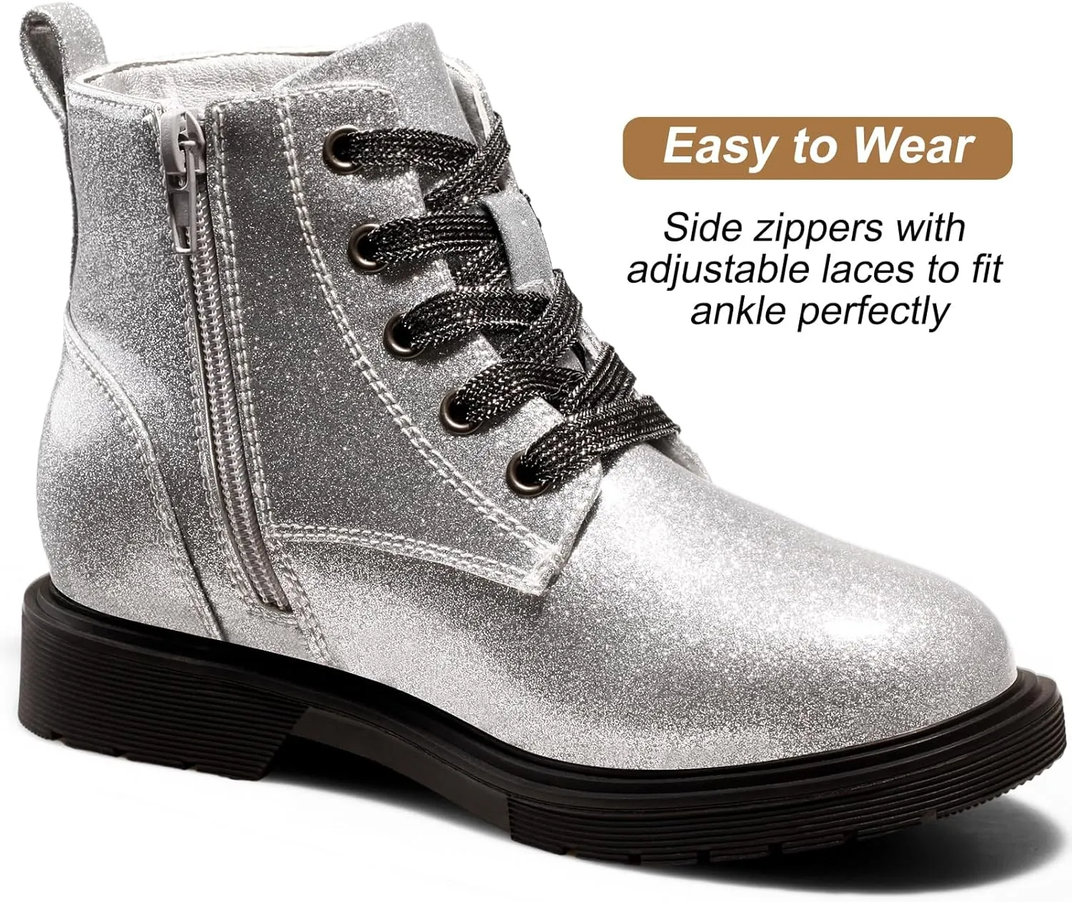 Dodow Girls Ankle Boots Glitter Combat Booties Zipper Lace Up Winter Dress Boots for Little Kid Big Kid