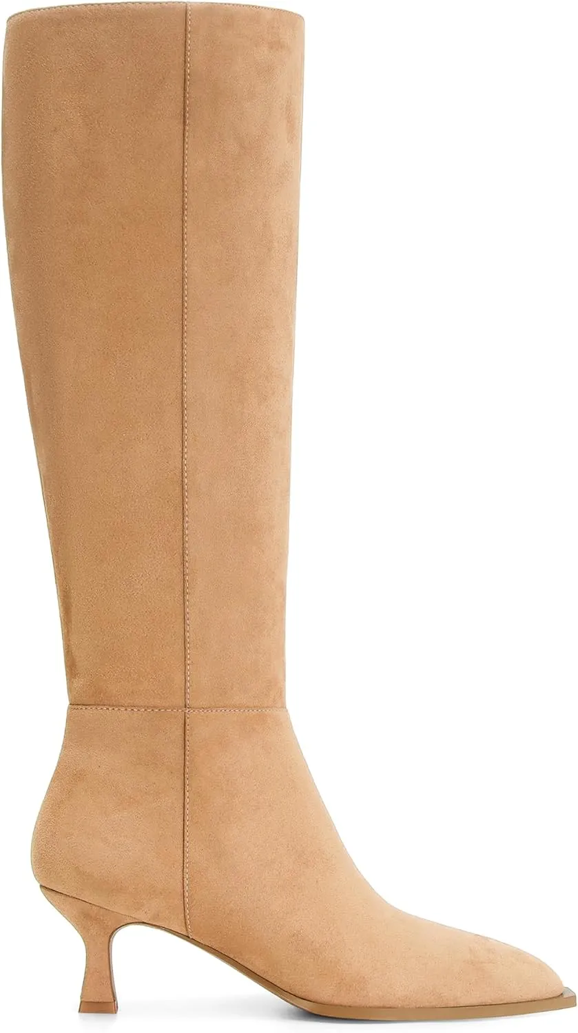 DOEYG Women Suede Knee High Boots Wide Calf Kitten Heel Boots Pointed Toe Stiletto High Heel Tall Boots Fashion Fall Long Boots with Side Zipper
