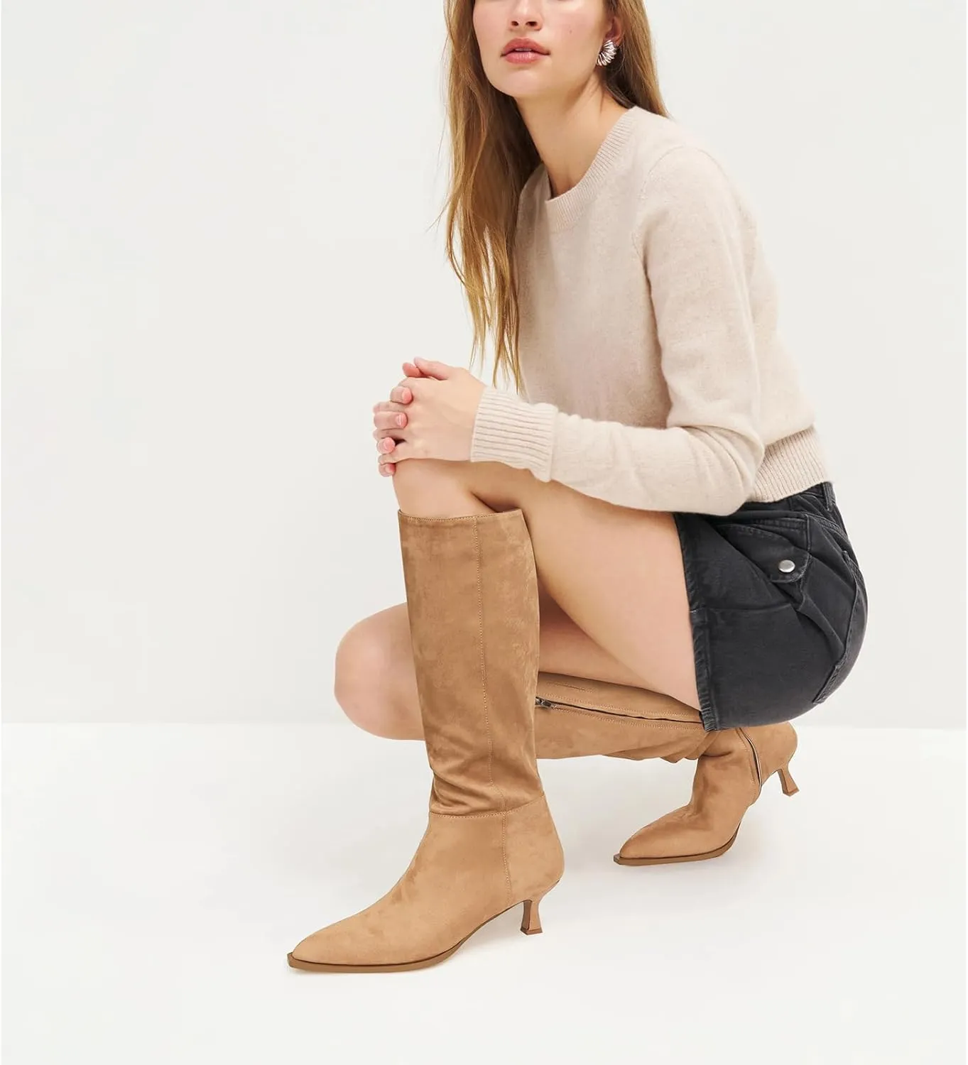 DOEYG Women Suede Knee High Boots Wide Calf Kitten Heel Boots Pointed Toe Stiletto High Heel Tall Boots Fashion Fall Long Boots with Side Zipper