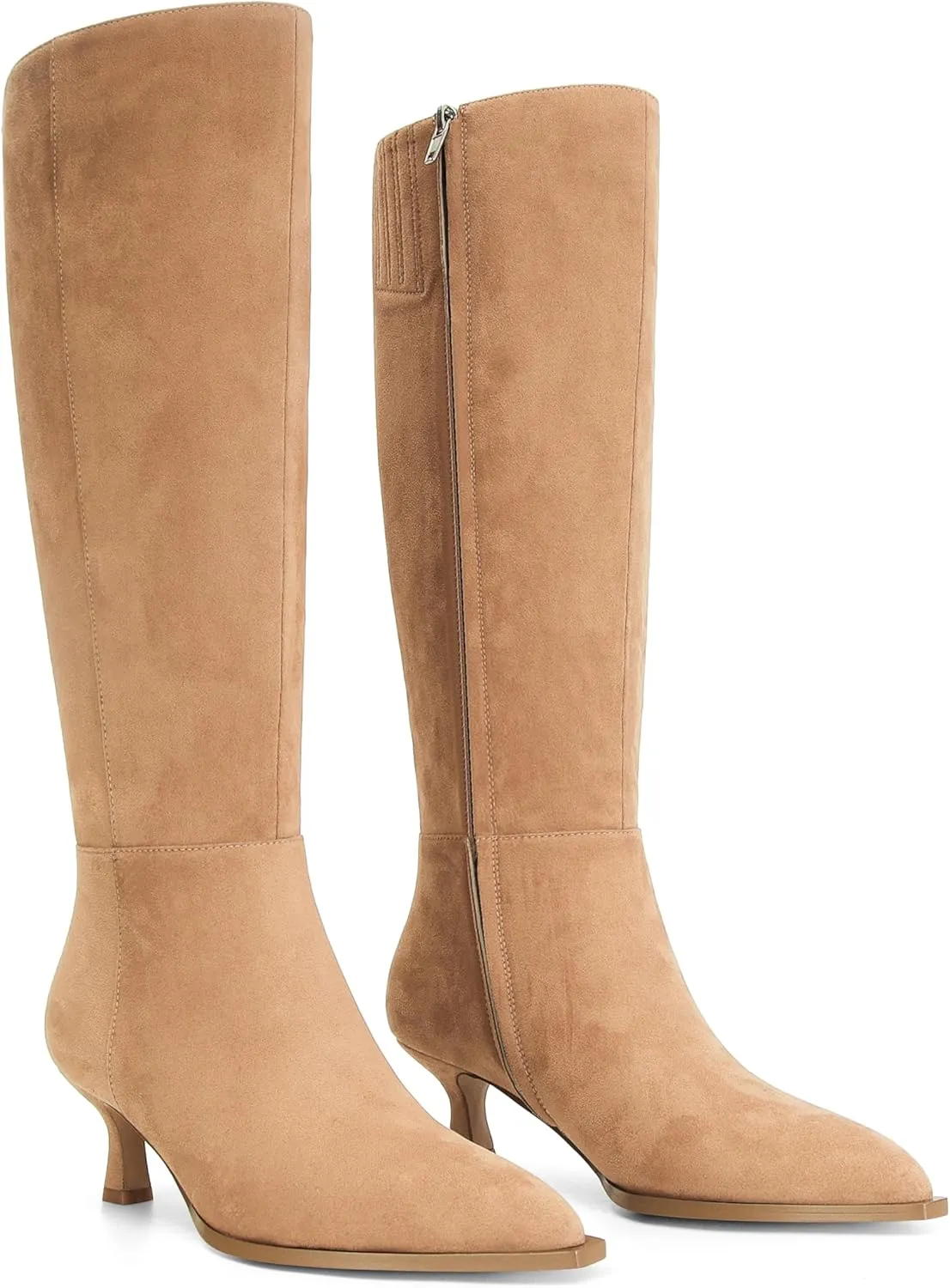 DOEYG Women Suede Knee High Boots Wide Calf Kitten Heel Boots Pointed Toe Stiletto High Heel Tall Boots Fashion Fall Long Boots with Side Zipper