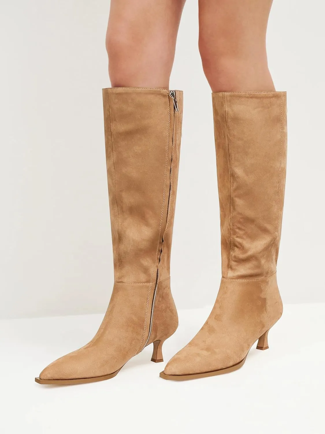 DOEYG Women Suede Knee High Boots Wide Calf Kitten Heel Boots Pointed Toe Stiletto High Heel Tall Boots Fashion Fall Long Boots with Side Zipper