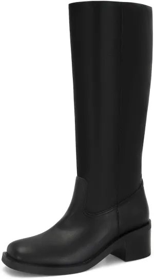 DOEYG Women's Banana Knee High Boots Square Toe Chunky Block Heel Tall Boots Wide Calf Fashion Comfortable Casual Pull on Long Boots