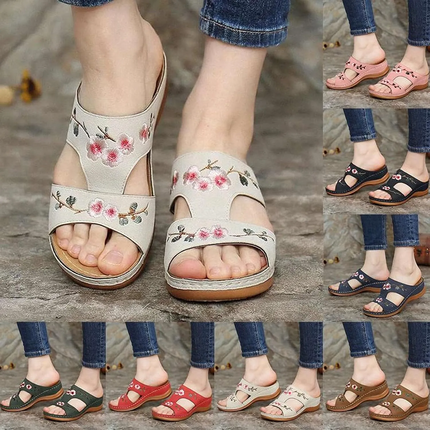 DOIX Garden Loafer Flat Shoes for Women Flowers Embroidered Slip on Mules Driving Shoes Lightweight Breathable Backless Slides Slippers Comfortable Walking Shoes,Brown,US5/EU36