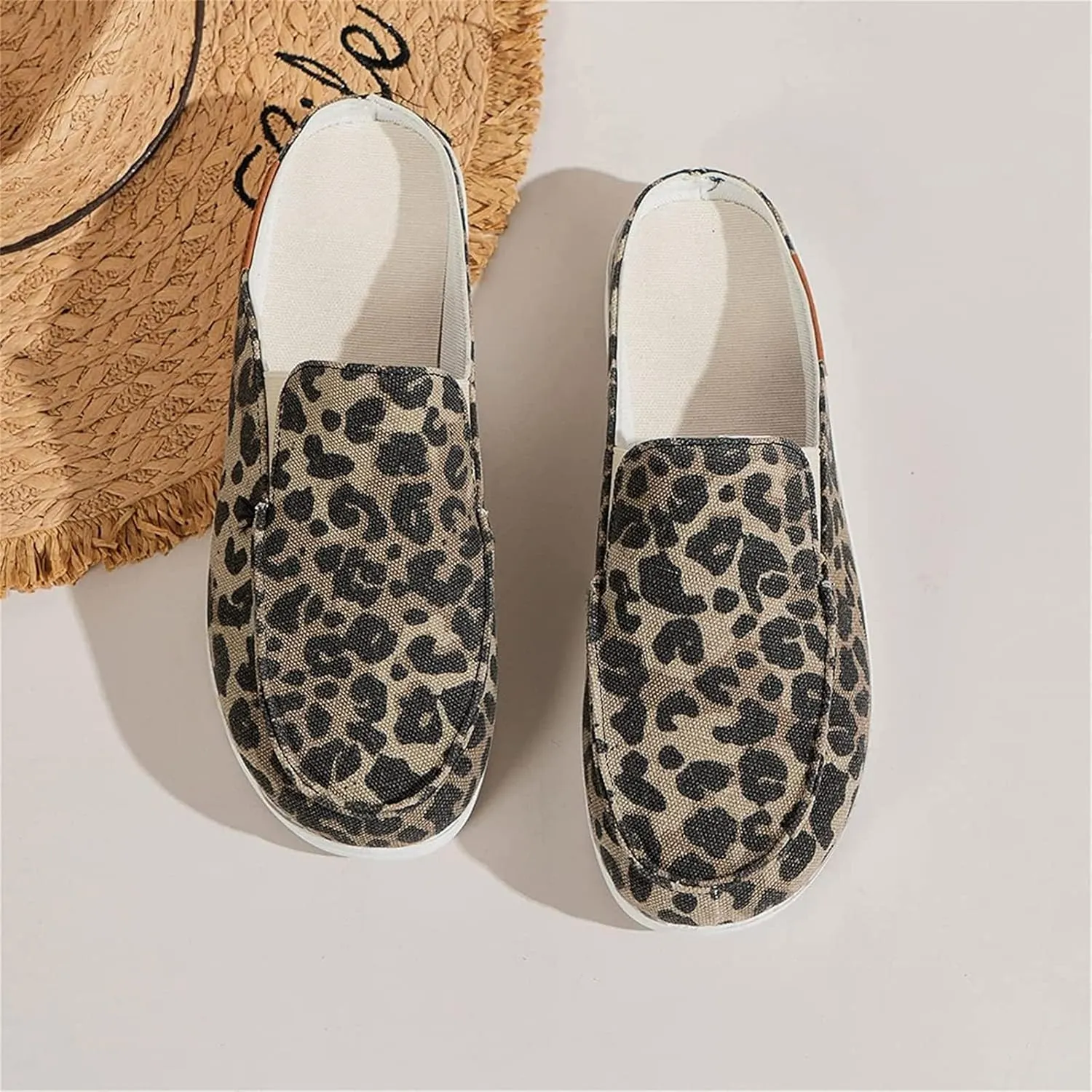 DOIX Garden Loafer Flat Shoes for Women Slip on Mules Canvas Driving Shoes Lightweight Breathable Backless Slides Slippers Comfortable Slippers Walking Shoes,Leopard Print,US12/EU43