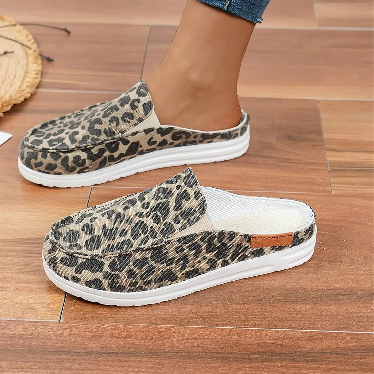 DOIX Garden Loafer Flat Shoes for Women Slip on Mules Canvas Driving Shoes Lightweight Breathable Backless Slides Slippers Comfortable Slippers Walking Shoes,Leopard Print,US12/EU43