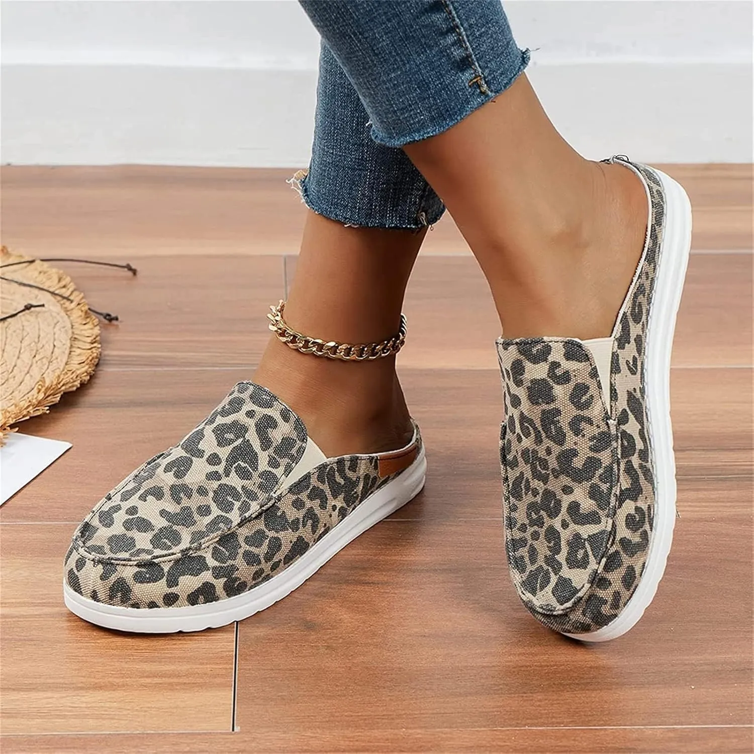 DOIX Garden Loafer Flat Shoes for Women Slip on Mules Canvas Driving Shoes Lightweight Breathable Backless Slides Slippers Comfortable Slippers Walking Shoes,Leopard Print,US12/EU43