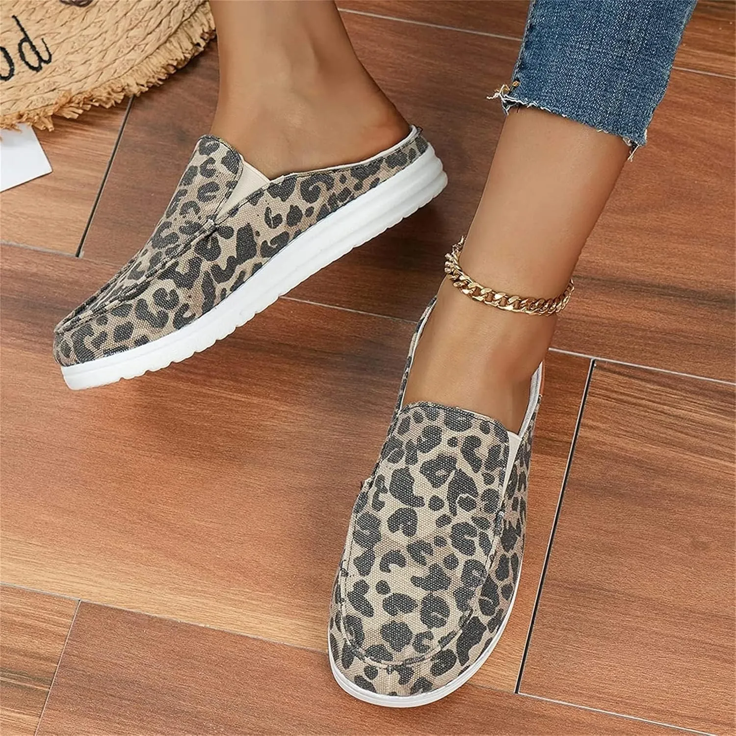 DOIX Garden Loafer Flat Shoes for Women Slip on Mules Canvas Driving Shoes Lightweight Breathable Backless Slides Slippers Comfortable Slippers Walking Shoes,Leopard Print,US12/EU43