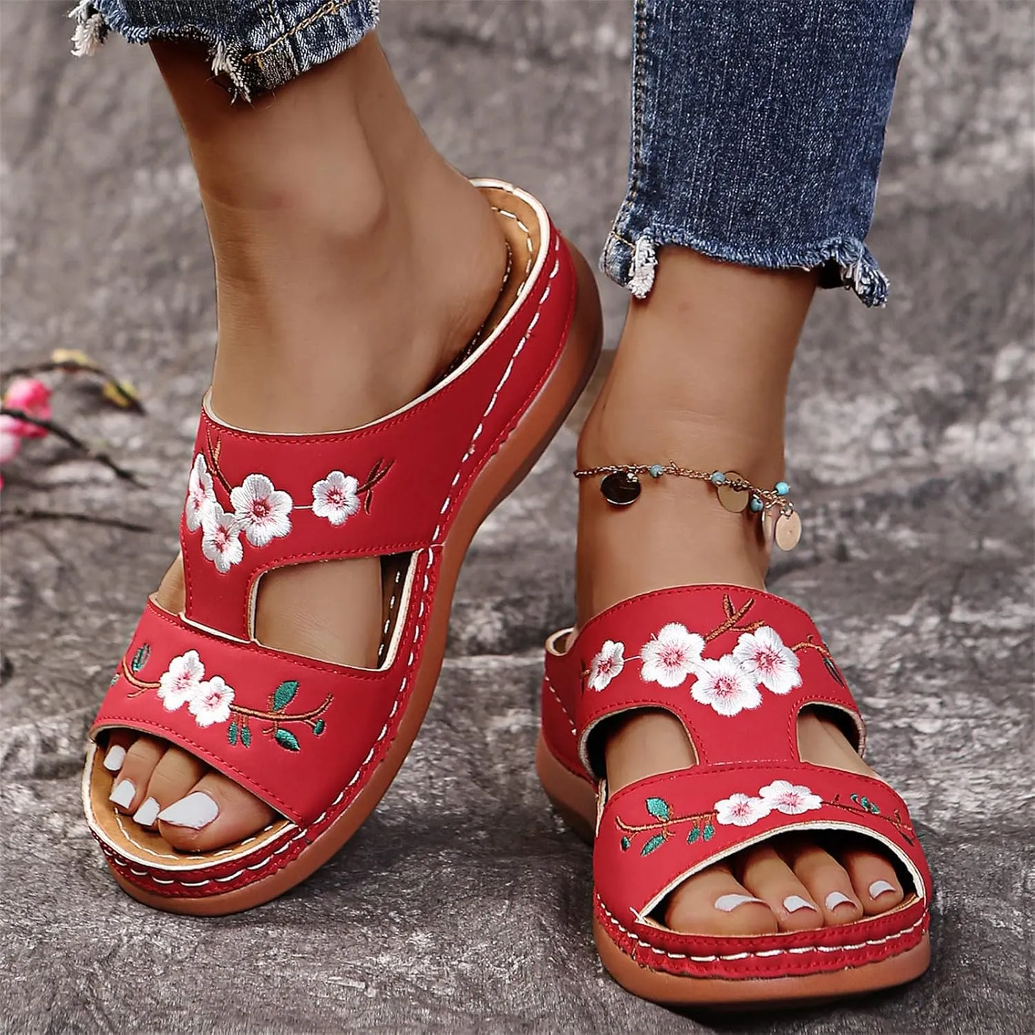 DOIX Summer Wedge Sandals Platform Mules Omens Leather Flowers Embroidered Slippers Casual Open Toe Loafers Moccasins Outdoor Anti-Slip Slides Beach Walking Shoes,Red,US5/EU36