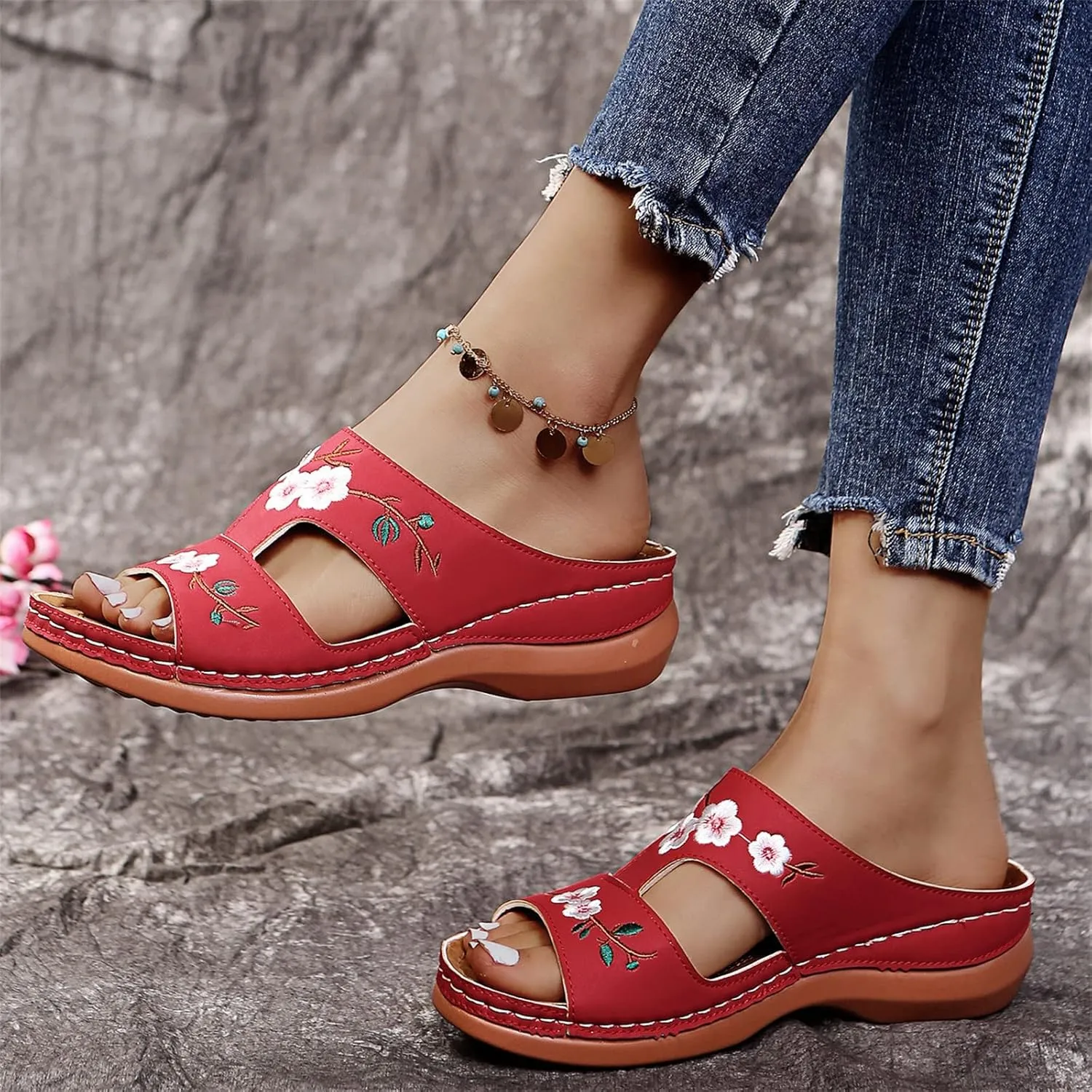 DOIX Summer Wedge Sandals Platform Mules Omens Leather Flowers Embroidered Slippers Casual Open Toe Loafers Moccasins Outdoor Anti-Slip Slides Beach Walking Shoes,Red,US5/EU36