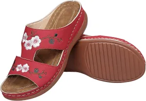 DOIX Summer Wedge Sandals Platform Mules Omens Leather Flowers Embroidered Slippers Casual Open Toe Loafers Moccasins Outdoor Anti-Slip Slides Beach Walking Shoes,Red,US5/EU36