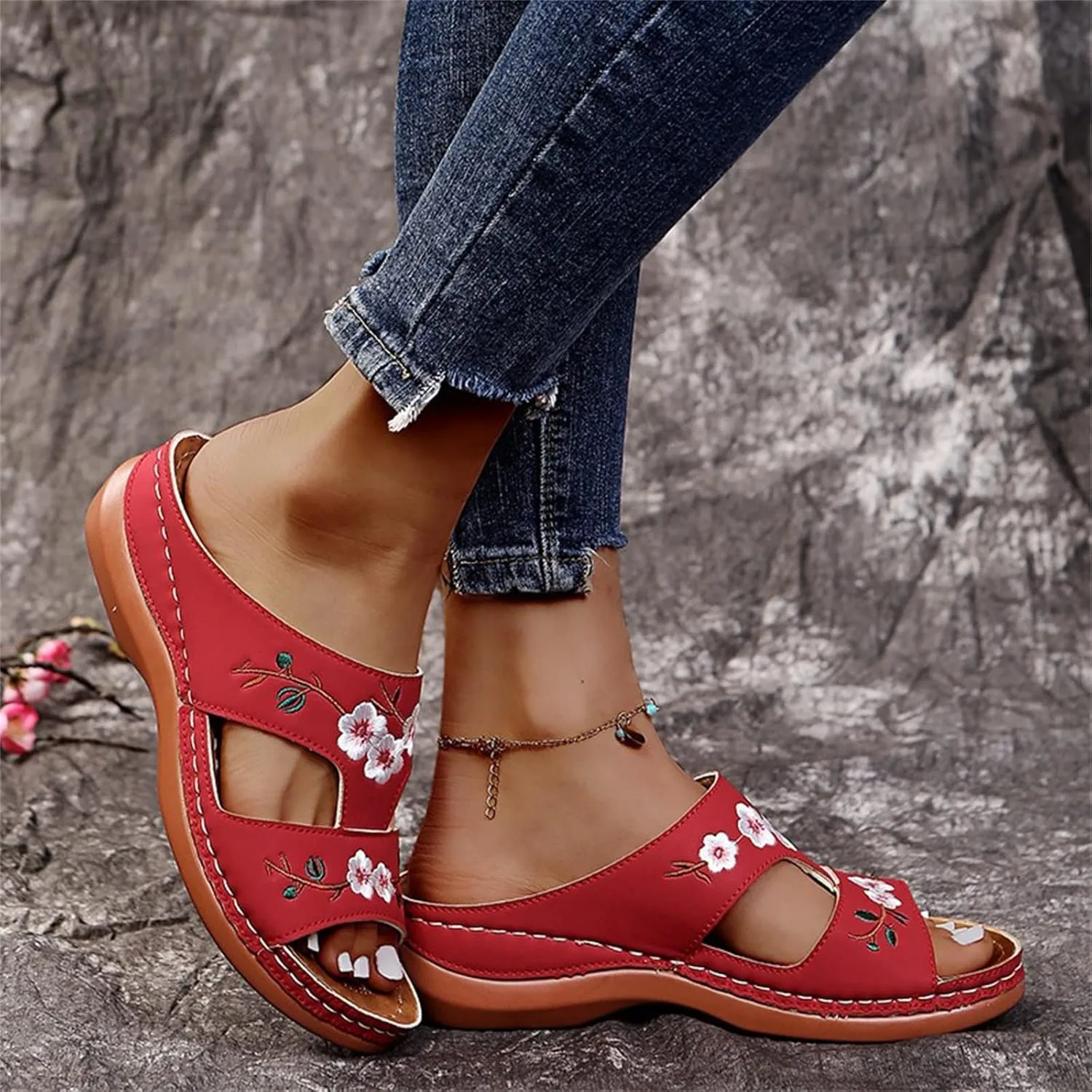DOIX Summer Wedge Sandals Platform Mules Omens Leather Flowers Embroidered Slippers Casual Open Toe Loafers Moccasins Outdoor Anti-Slip Slides Beach Walking Shoes,Red,US5/EU36