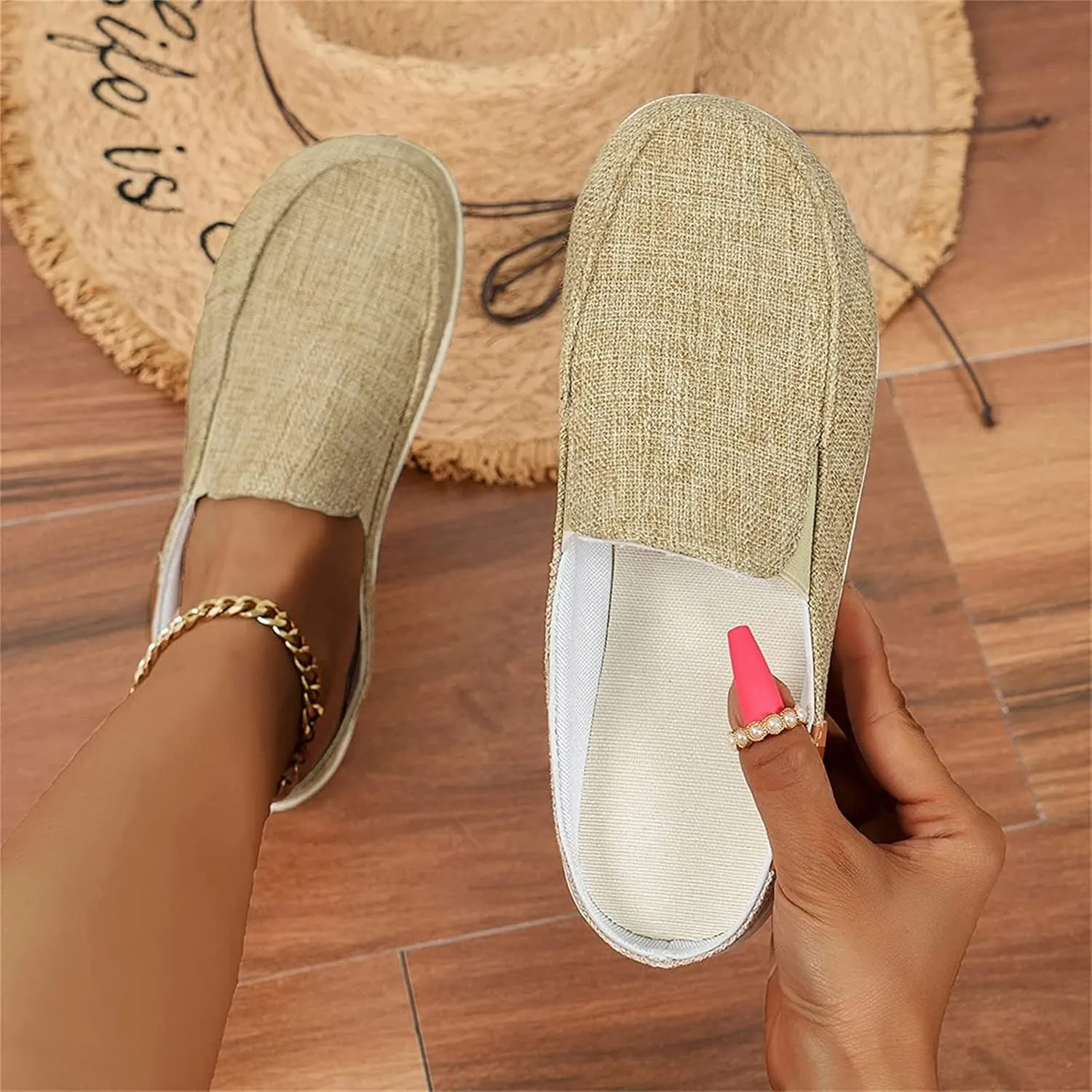 DOIX Women's Garden Clogs Sandals Casual Flats Canvas Slippers Slip on Mules Sneakers Loafer Shoes Summer Indoor Outdoor Anti-Slip Walking Shoes Memory Foam Padded,Beige,US8/EU39